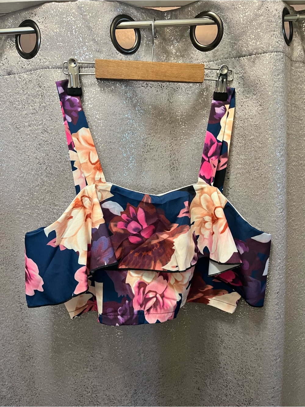 Floral Ruffle Crop Top - Navy Multi